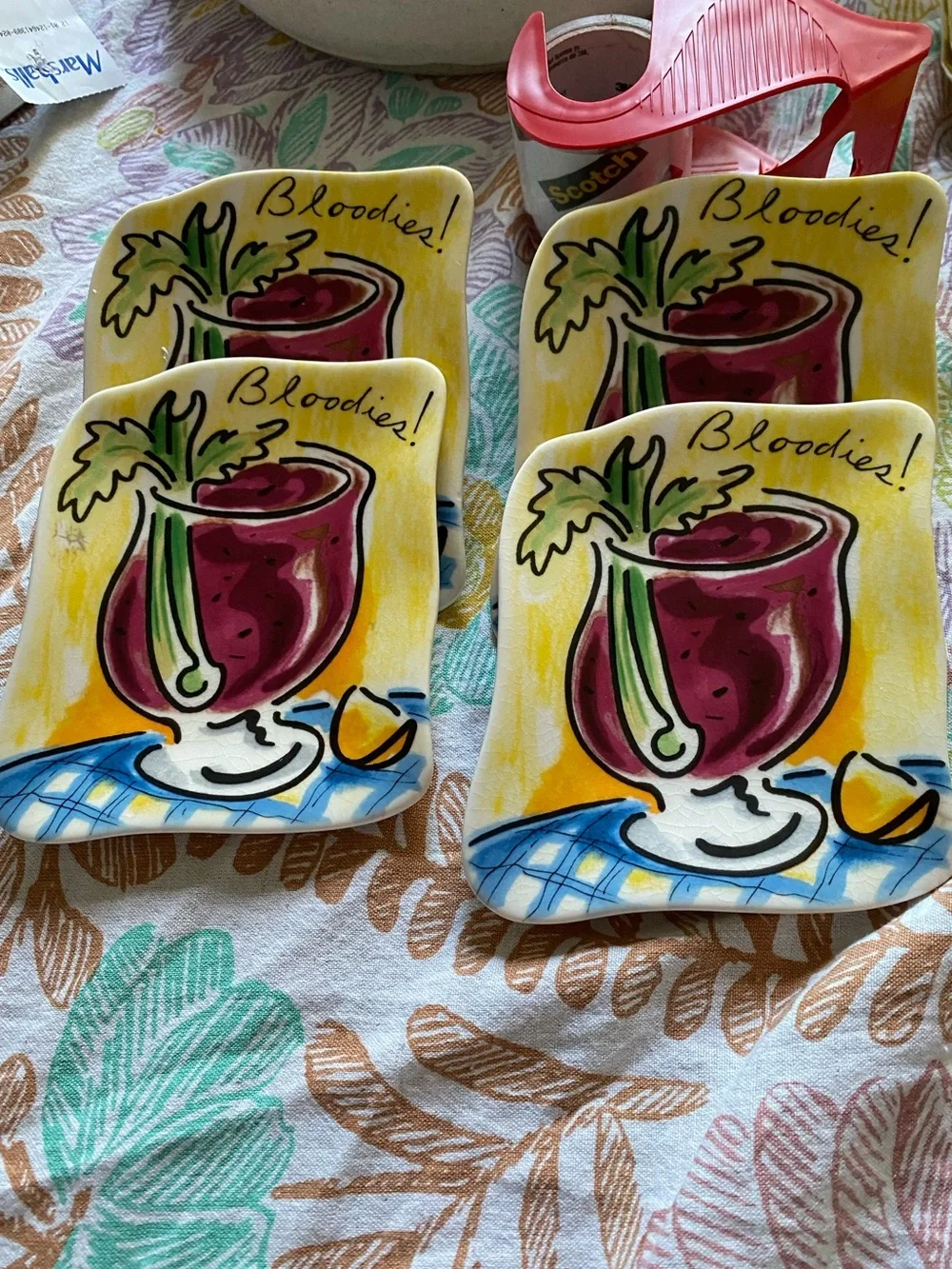 4 Whimsical Tracy Flickinger Mud Pie “Bloody Mary Small Plates” from 1990s. GUC